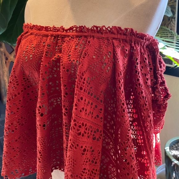 Free People Eyelet off shoulder crop peasant top in rust - Picture 14 of 15
